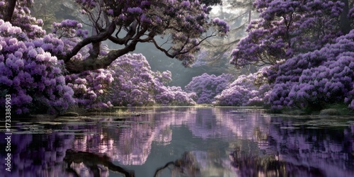 Tranquil Landscape with Purple Flowers Reflected in Calm Water Surrounded by Lush Greenery and Soft Light in a Serene Setting