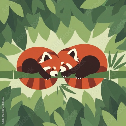 Sleeping Red Pandas Illustration on Bamboo Branch in Jungle