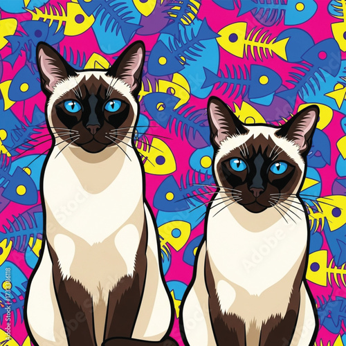 Siamese Cats Illustration with Vibrant Pop Art Fish Background