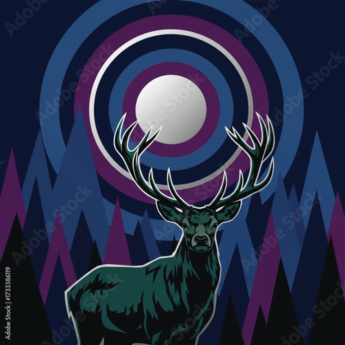 Deer Illustration of Majestic Stag in Night Forest with Full Moon