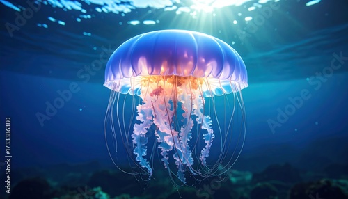 Majestic jellyfish swimming underwater with sunlight shining.