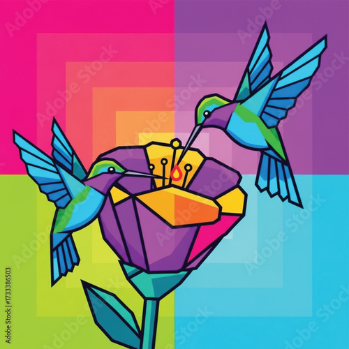 Colorful Geometric Hummingbirds Illustration, Vibrant Nature Art