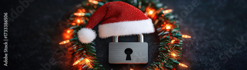 Christmas cyber security technology concept with padlock wearing Santa hat surrounded by festive lights and wreath on dark background