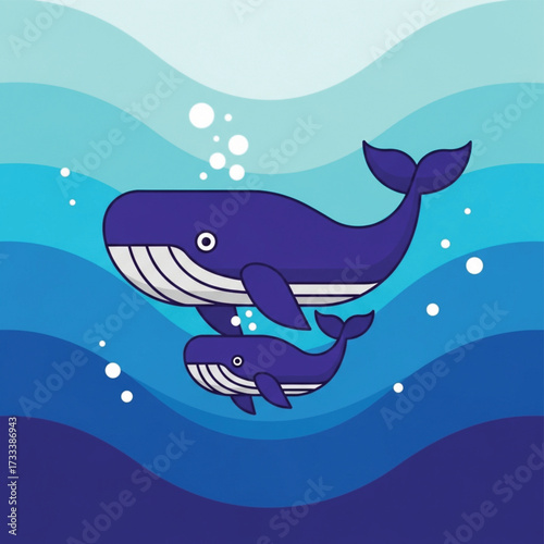 Whale Family Cartoon Illustration in Blue Ocean