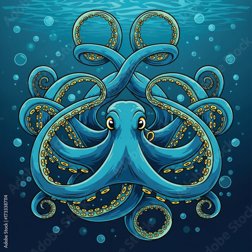 Octopus Illustration, Blue Cartoon Marine Life Underwater