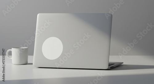 Circular Blank Sticker Vector Mockup on Laptop Lid with Workspace Scene