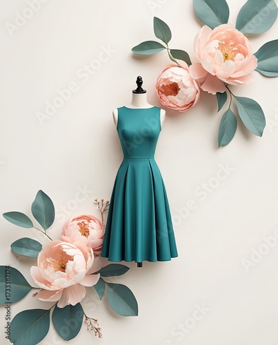 Elegant teal dress with subtle floral accents