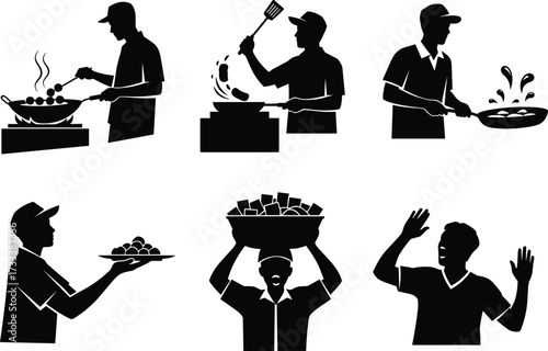 Silhouette, chef, cooking, frying, serving, food preparation, kitchen action, wok, spatula, steam, basket, plate, restaurant, culinary, heat, dynamic, expressive, black and white, illustration, worker
