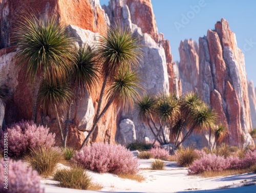 Stunning desert landscape with colorful rock formations, vibrant vegetation, and dramatic mountain peaks under clear blue sky