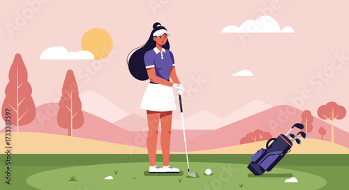 Woman golfer poised to putt on a green with golf bag nearby.