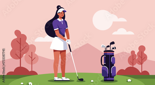 Woman golfer with club and bag on a golf course.