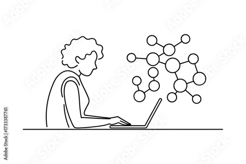 Person working on laptop with molecular structure visualization