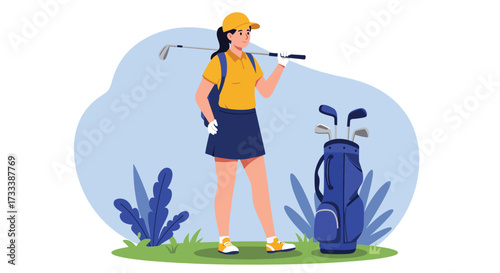 Woman golfer with clubs and bag on a golf course 2.