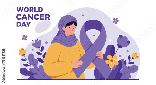 Woman holding purple ribbon for World Cancer Day awareness.