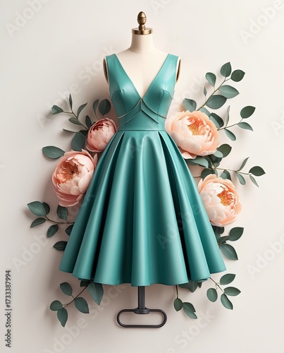 Elegant teal dress with subtle floral accents