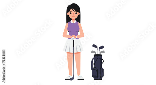 Young Woman Golfer Standing with Golf Bag and Club.