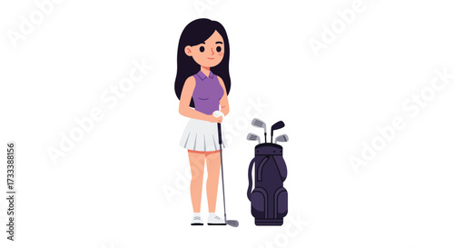 Young Woman Golfer with Golf Bag and Clubs Ready to Play.