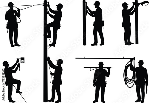 Silhouette of utility workers on poles, repairing cables, installing streetlights, using tools, teamwork, electrical maintenance, safety gear, outdoor labor scene
