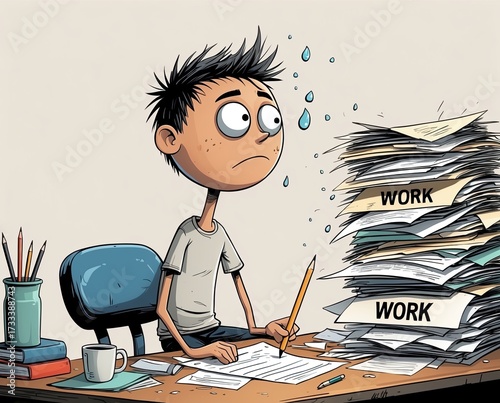 Wallpaper Mural simple cartoon figure wearing simple T-shirt, sitting at messy desk, large chaotic stack of papers Torontodigital.ca