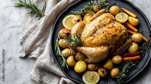 Fast food. Baked chicken with potatoes on a dark plate.
