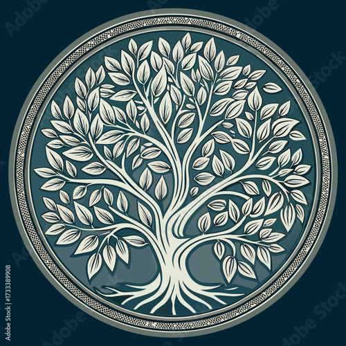 Elegant white tree of life emblem on dark teal background