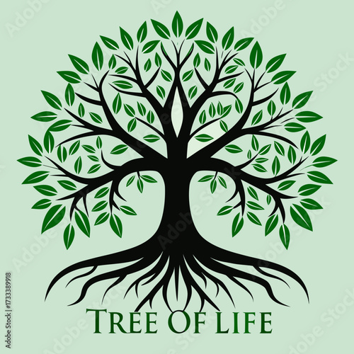 Stylized tree of life with exposed roots and green leaves