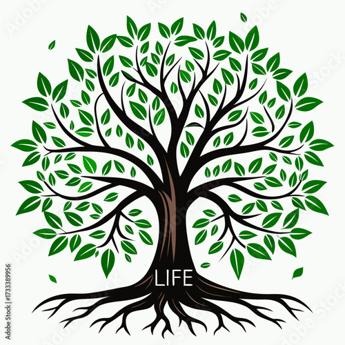 Stylized tree of life with roots and green leaves