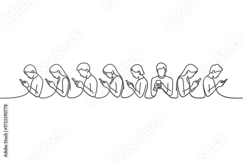 Continuous line drawing of people absorbed in their smartphones