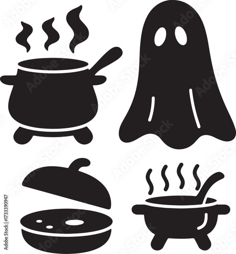 Ghost Cooking Silhouette Icons: Black White Halloween Culinary Spirit Vector.