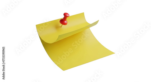 3D Rendered Yellow Sticky Note Pinned with Red Thumbtack paper isolated on a transparent background