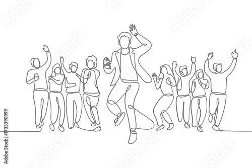 Joyful crowd celebrating with a person jumping in the air