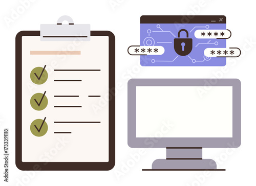 Clipboard with completed checklist, desktop monitor, and locked password interface. Ideal for data security, compliance, task management, IT, cyber risk, organization simple flat metaphor