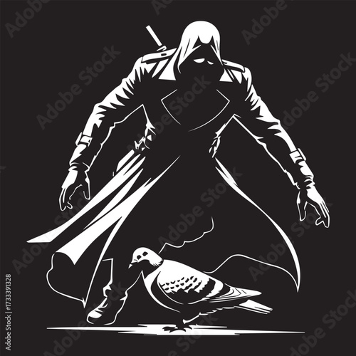 A humorous silhouette of an assassin sneaking up on a pigeon