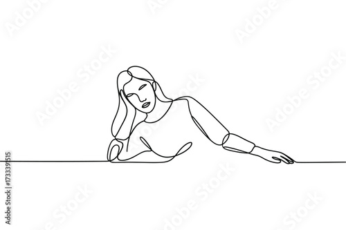 Tired woman leaning on a surface in a simple line drawing