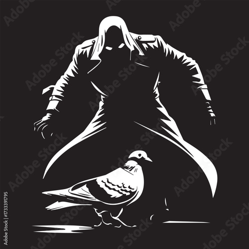 A humorous silhouette of an assassin sneaking up on a pigeon