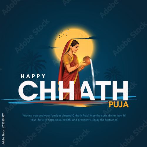 Happy Chhath Puja holiday background celebrating traditional festival of India. Creative vector illustration.