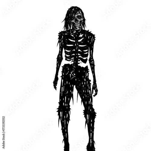 a haunting monochrome illustration of a skeletal figure shrouded in darkness