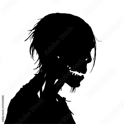 silhouette of a skeletal figure with tattered hair against a white background