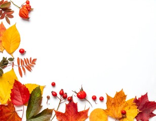 Autumn leaves and berries arranged in a corner border