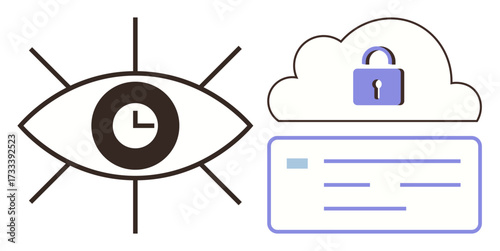 Eye with clock symbol near secured cloud and information panel representing surveillance, data security, privacy, encryption, monitoring, cloud storage, and access control in a simple flat metaphor