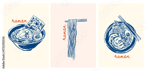 Hand drawn Ramen noodles , Drawings Bowl of noodle vector illustration, Japanese food whimsical art for menu, greeting cards, poster, sticker, invitation, postcard