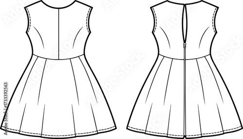 Technical Fashion Flat Drawing of a Baby or Toddler Dress with a High Yoke, Loose Fit, and Scalloped Flutter Sleeves for Childrenswear or Casual Wear Design Vector.