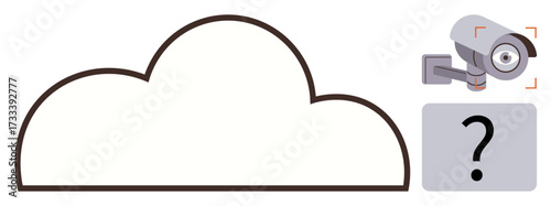 Cloud outline, security camera, and question mark signifying cloud storage, surveillance data, and encryption. Ideal for cybersecurity, remote storage, IoT, data privacy technology AI simple flat