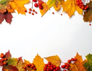 Autumn leaves and berries border on white