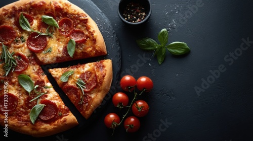 Pizza with tomato sauce on a dark background, Italian food