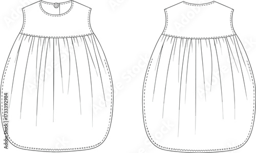 Technical Fashion Flat Drawing of a Baby Sleep Sack or Infant Sack Dress with a Gathered Bodice, Sleeveless Design, and a Single Button Closure for Childrenswear Design Vector.