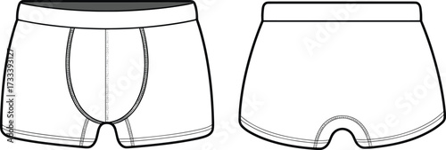 Technical Fashion Flat Drawing of Men's Boxer Briefs with a Contoured Pouch, Flatlock Seams, and a Branded Elastic Waistband for Underwear or Apparel Design Vector Template.
