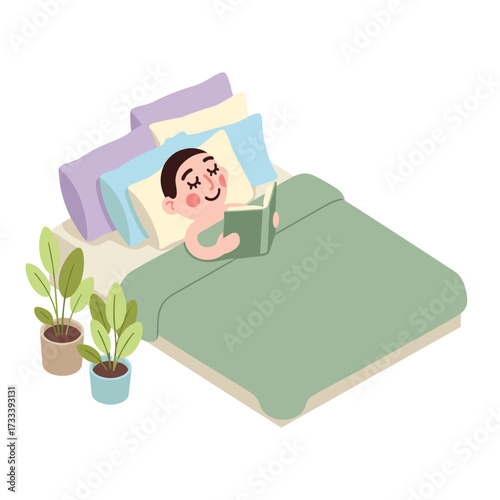Illustration of a person reading a book in bed with plants next to the bed and colorful pillows