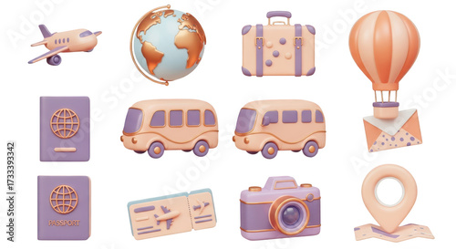 3D Travel Icons Airplane Globe Suitcase Hot Air Balloon Passport Bus Camera graphic design isolated on a transparent background