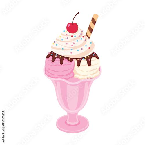 A pink ice cream sundae with a cherry on top and a chocolate stick on a white background image